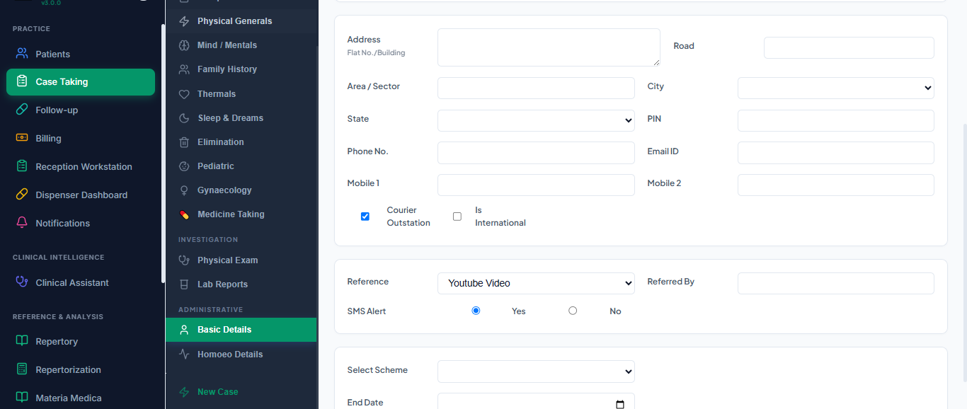 Case Taking Workspace screen in HomeoSuite