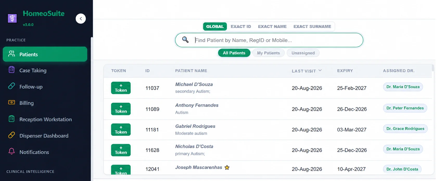 Patient Search screen in HomeoSuite