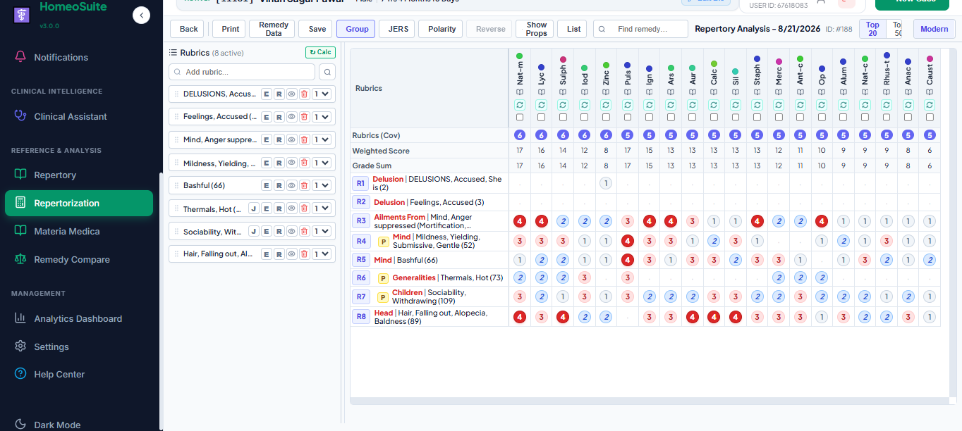 Repertorization Board screen in HomeoSuite